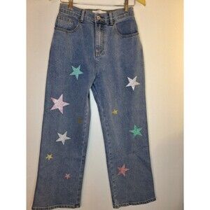 Women's Denim Wide Leg Baggy Jeans Sz Small Glitter Star Print Festival Y2K Rave